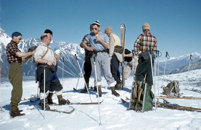 Tasman Glacier 1959: Glacier travel on skis using actual seal skins. Bill Cranfield on left, Pete Rule in centre